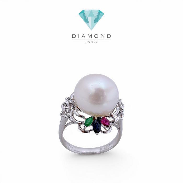 Pearl Diamond tricolor stone Ring 18K / Diamond Jewelry
