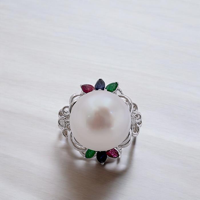 Pearl Diamond tricolor stone Ring 18K / Diamond Jewelry