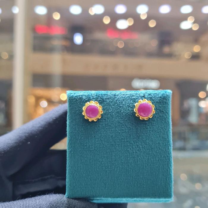 Anting Mas Batu Pink Model Bunga 23K-Diamond Jewelry-331AMSWP2