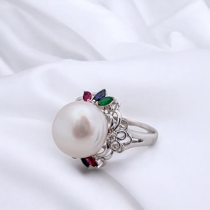 Pearl Diamond tricolor stone Ring 18K / Diamond Jewelry
