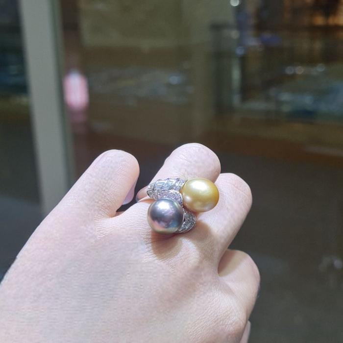 Double Color Tahiti Pearl Diamond Ring 18K / cincin mutiara duo color berlian hitam kuningDiamond Jewelry