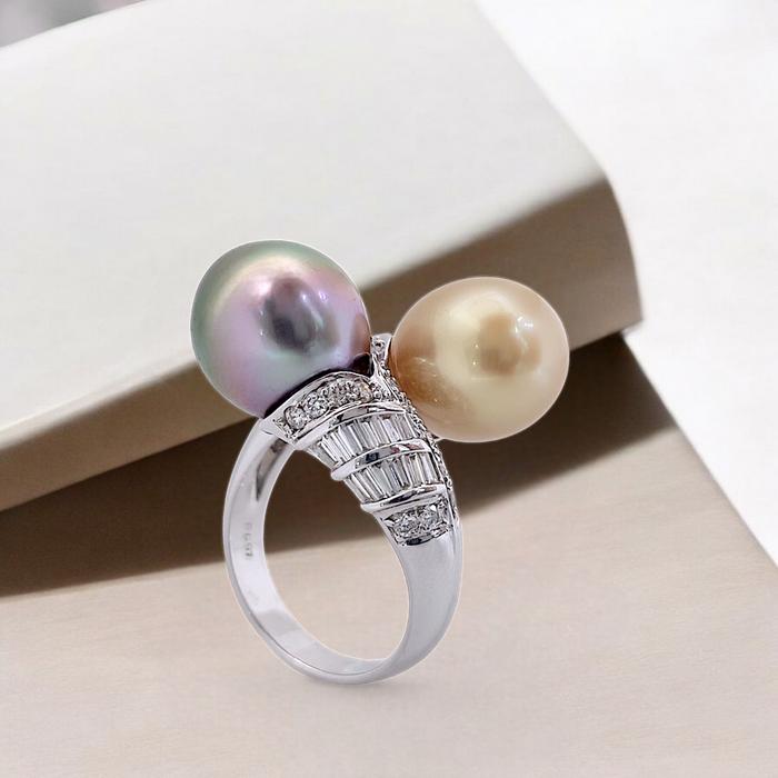 Double Color Tahiti Pearl Diamond Ring 18K / cincin mutiara duo color berlian hitam kuningDiamond Jewelry