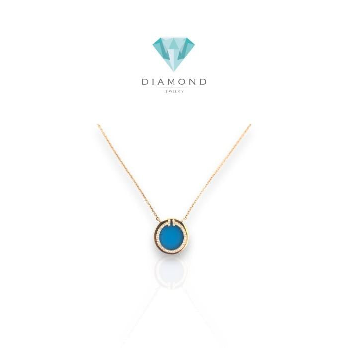 Agate blue T round pendant necklace 18k- Diamond Jewelry