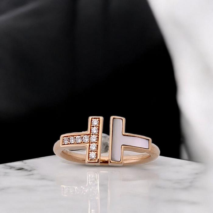 T Diamond MOP Ring 18K -Diamond Jewelry-Double T cincin Berlian Emas Mutiara 18k