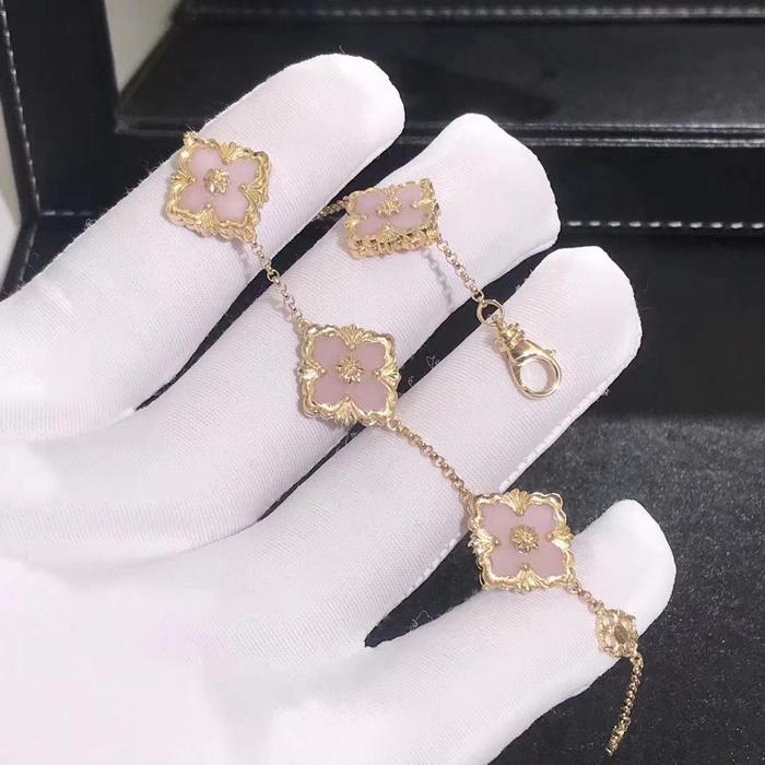 Pink opal flower 18k gold bracelet-Diamond Jewelry