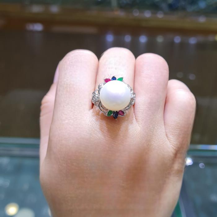 Pearl Diamond tricolor stone Ring 18K / Diamond Jewelry