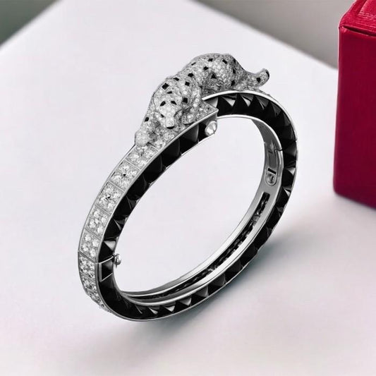 Panther onyx bangle diamond 18k white gold-Diamond Jewelry