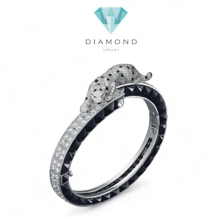 Panther onyx bangle diamond 18k white gold-Diamond Jewelry