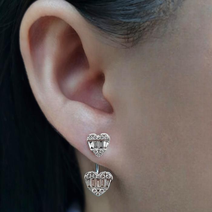 Double Heart Diamond Earrings /duo diamond heart earring baguette/ Diamond Jewelry