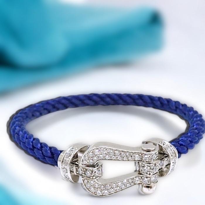 Horseshoe diamond bangle blue gelang tali emas berlian tapal kuda 18k steel rope-Diamond Jewelry