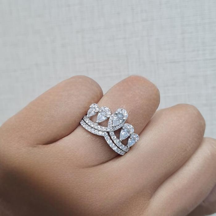 Crown Double stack Diamond Tear Ring 18K / cincin berlian tear stack duo ring/ Diamond Jewelry