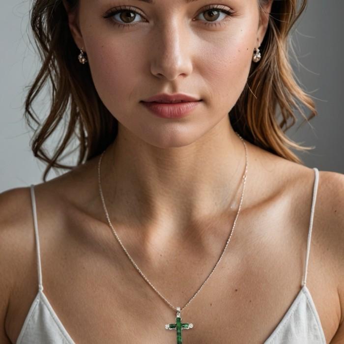 Cross jade greem jadeite diamond pendant-18k white gold -Diamond Jewelry
