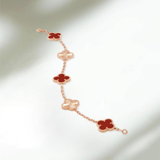 Clover braceler gold red charnelian vintage 18k-Diamond Jewelry