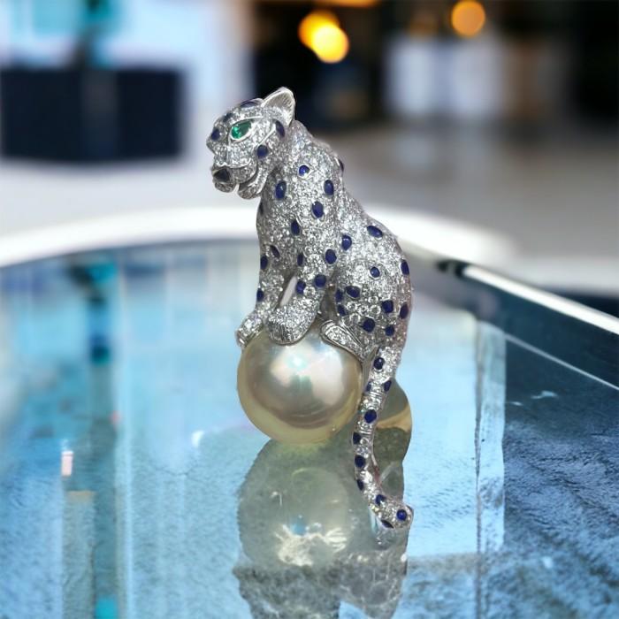 Panther pearl sapphire Brooch 18k white gold-Diamond Jewelry