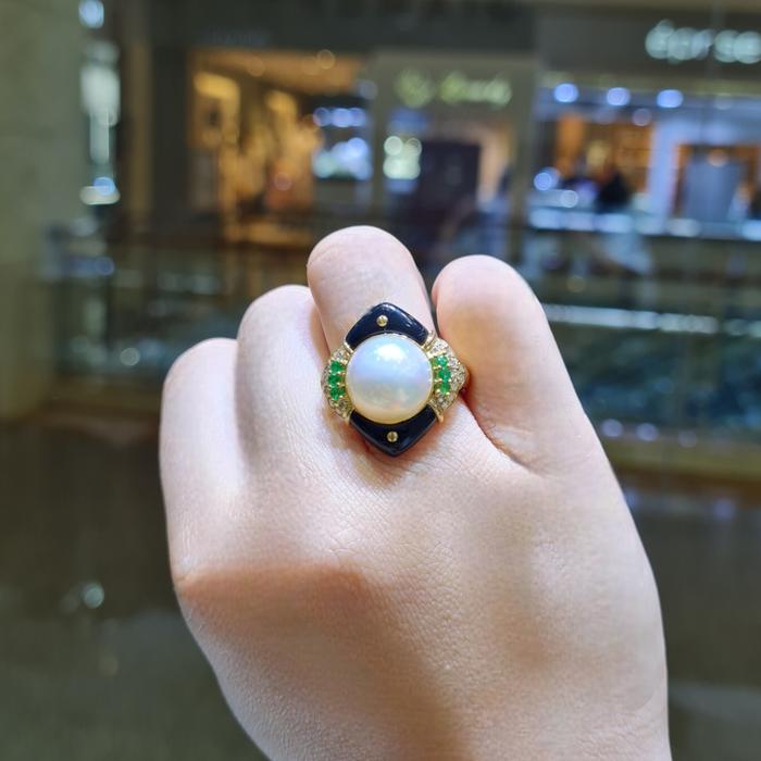 Pearl Emerald Onyx Diamond Ring 18K / Diamond Jewelry-25CMGT1755WP-HT