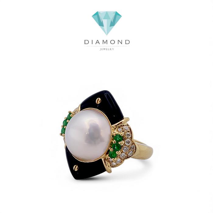 Pearl Emerald Onyx Diamond Ring 18K / Diamond Jewelry-25CMGT1755WP-HT