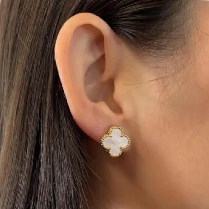 Vintage alhambra VCA earring Mother of Pearl 18K gold Diamond Jewelry