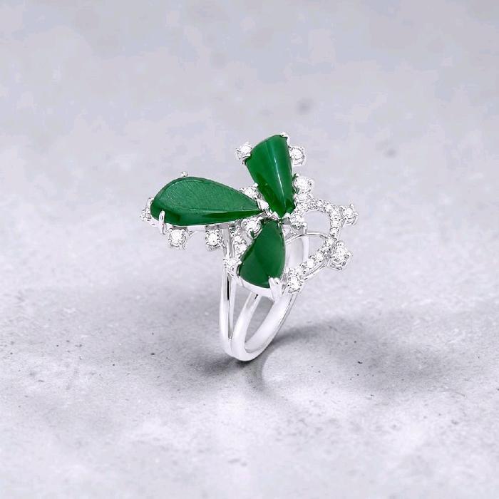 Jade Flower Diamond Ring 18K / Cincin Berlian Giok Bunga 18K / Diamond Jewelry / JR0053771