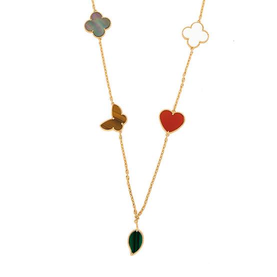 Mix Lucky Clover Long Necklace 18K Gold with pearl,gemstones Diamond Jewelry