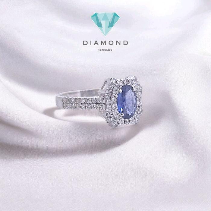 Cincin Blue Sapphire Oval Berlian 18K-Diamond Jewelry-395BC3223SD-HT