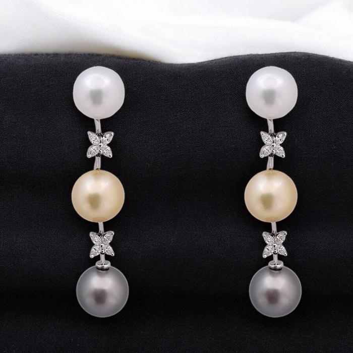 Long Drop Triple Color Pearl Diamond Earrings 18K / Diamond Jewelry