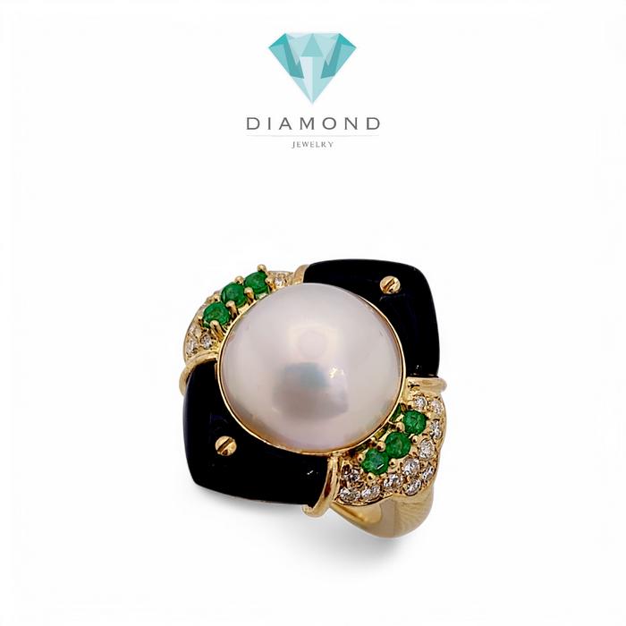 Pearl Emerald Onyx Diamond Ring 18K / Diamond Jewelry-25CMGT1755WP-HT