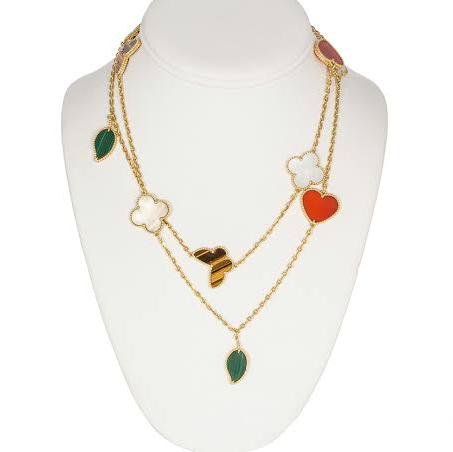 Mix Lucky Clover Long Necklace 18K Gold with pearl,gemstones Diamond Jewelry