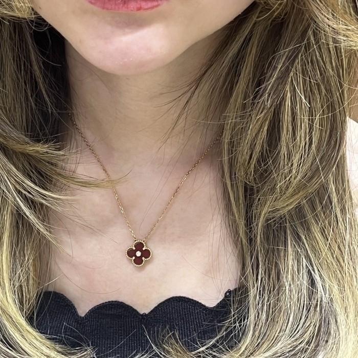 Clover Red Charnelian Holiday With Diamond Necklece/Kalung Berlian Diamond Jewelry-104KBD66000AB-HT