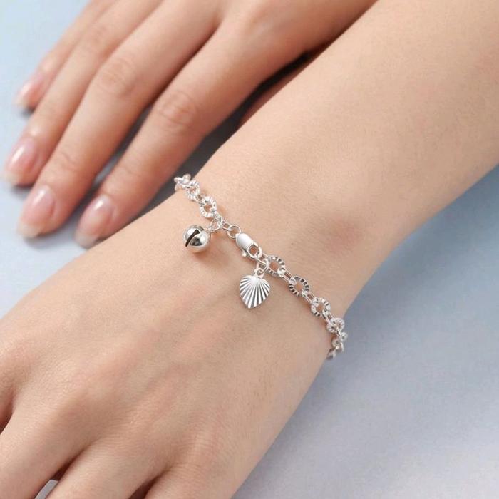 White Gold Bracelet With Heart And Bell 17K / Diamond Jewelry / 487GMS307LS