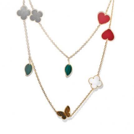 Mix Lucky Clover Long Necklace 18K Gold with pearl,gemstones Diamond Jewelry