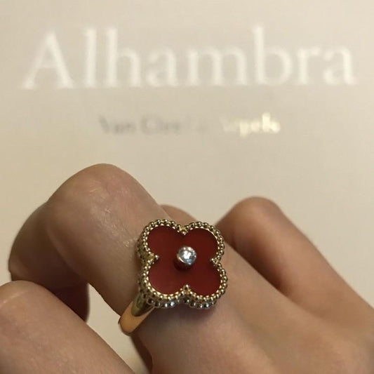 Clover vintage holiday gold ring 18K / cincin Clover merah berlian/ red clover ring /Diamond Jewelry