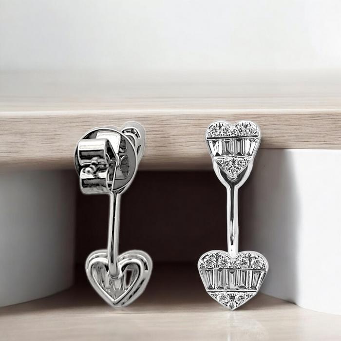 Double Heart Diamond Earrings /duo diamond heart earring baguette/ Diamond Jewelry