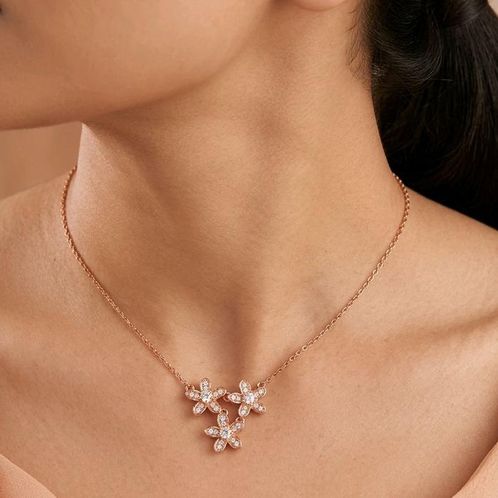 Triple Flower Rose Gold Necklace 17K / Diamond Jewelry / 453KMS269LS