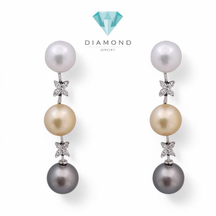 Long Drop Triple Color Pearl Diamond Earrings 18K / Diamond Jewelry