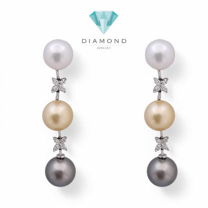 Long Drop Triple Color Pearl Diamond Earrings 18K / Diamond Jewelry