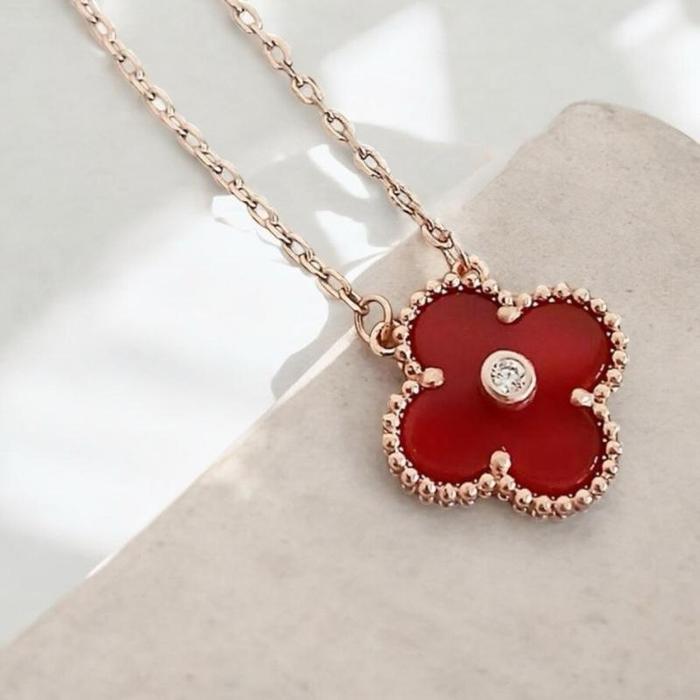 Clover Red Charnelian Holiday With Diamond Necklece/Kalung Berlian Diamond Jewelry-104KBD66000AB-HT