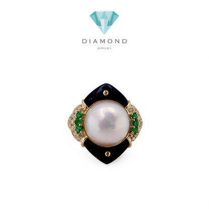 Pearl Emerald onyx Diamond Ring 18K / Diamond Jewelry