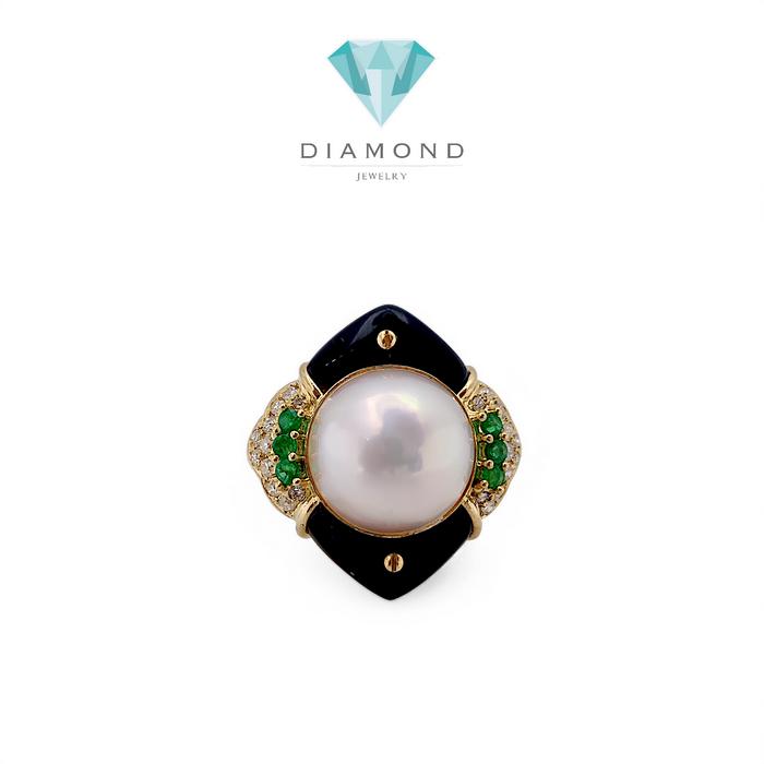 Pearl Emerald Onyx Diamond Ring 18K / Diamond Jewelry-25CMGT1755WP-HT