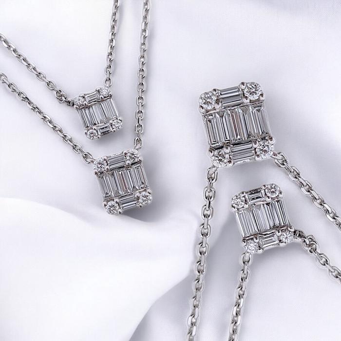Double duo Diamond Baguette Necklace 18K / Diamond Jewelry