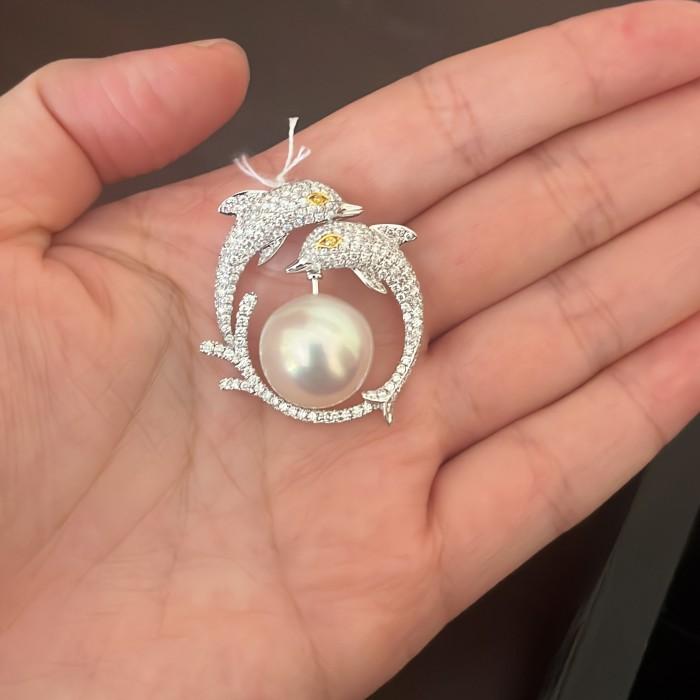Dolphin Pearl Diamond Pendant white gold 18K Diamond Jewelry