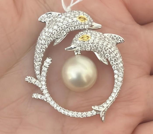 Dolphin Pearl Diamond Pendant white gold 18K Diamond Jewelry