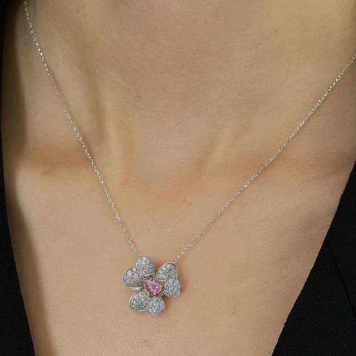 Pink Flower Diamond Necklace 18K / Kalung Berlian Bunga Pink 18K / Diamond Jewelry 398KB830BMLS-HT