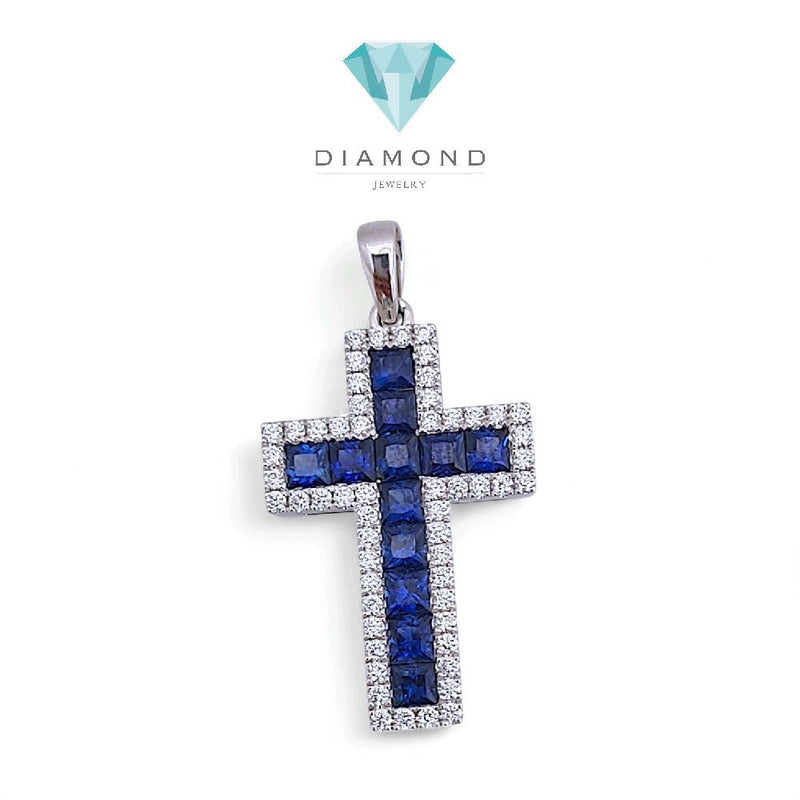 Blue Sapphire Cross Diamond Pendant 18K / Liontin Berlian Salib Sapphire 18K / Diamond Jewelry 2BL121000AB-HT