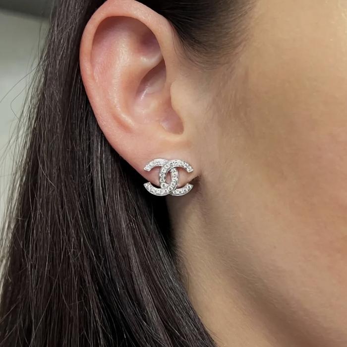 Diamond double C logo earring 18k-Diamond Jewelry