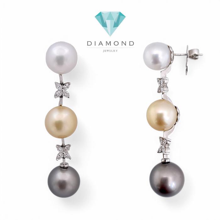 Long Drop Triple Color Pearl Diamond Earrings 18K / Diamond Jewelry