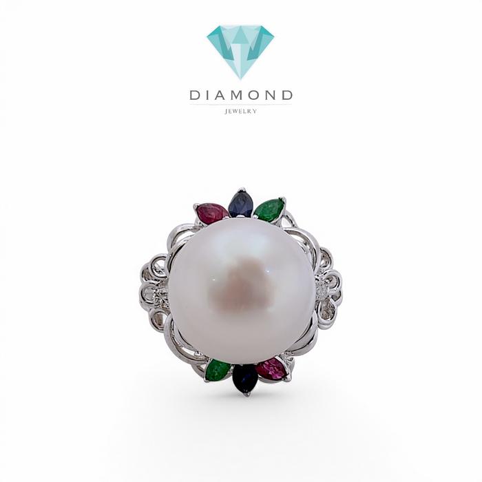 Pearl Diamond tricolor stone Ring 18K / Diamond Jewelry