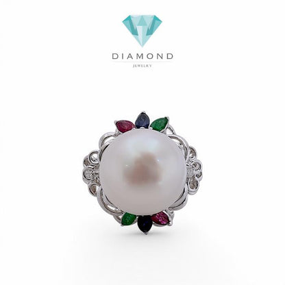 Pearl Diamond tricolor stone Ring 18K / Diamond Jewelry