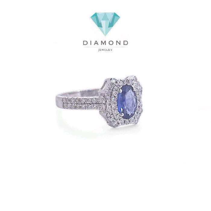 Cincin Blue Sapphire Oval Berlian 18K-Diamond Jewelry-395BC3223SD-HT