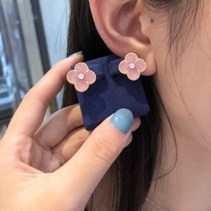 Vca pink Rhodonite earring Diamond 18k Gold Diamond Jewelry