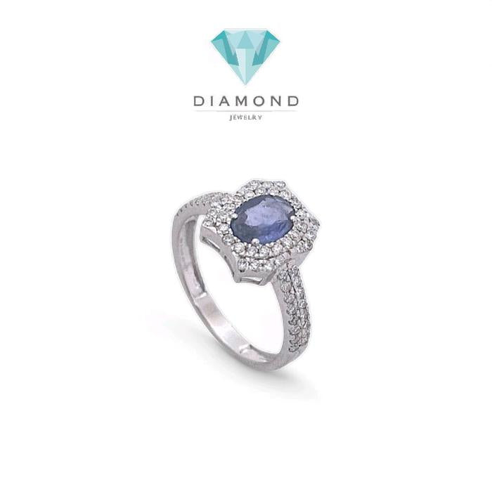 Cincin Blue Sapphire Oval Berlian 18K-Diamond Jewelry-395BC3223SD-HT